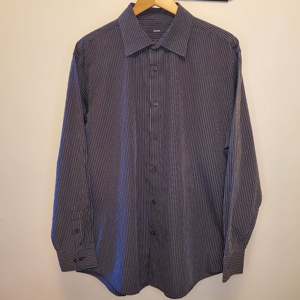 Alfani Men’s Navy Blue Striped Long Sleeve Button Down Casual Dress Shirt - (XL)